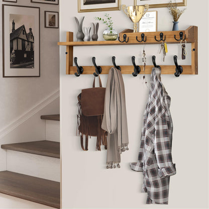 Coat Rack Wall Mount with Shelf, 27.5" Entryway Wall Hanging Shelf, Coat and Key Hanger with 10 Dual Hooks, Mail Organizer and Key Holder Hat Rack for Wall, Wood Coat Hooks with Storage