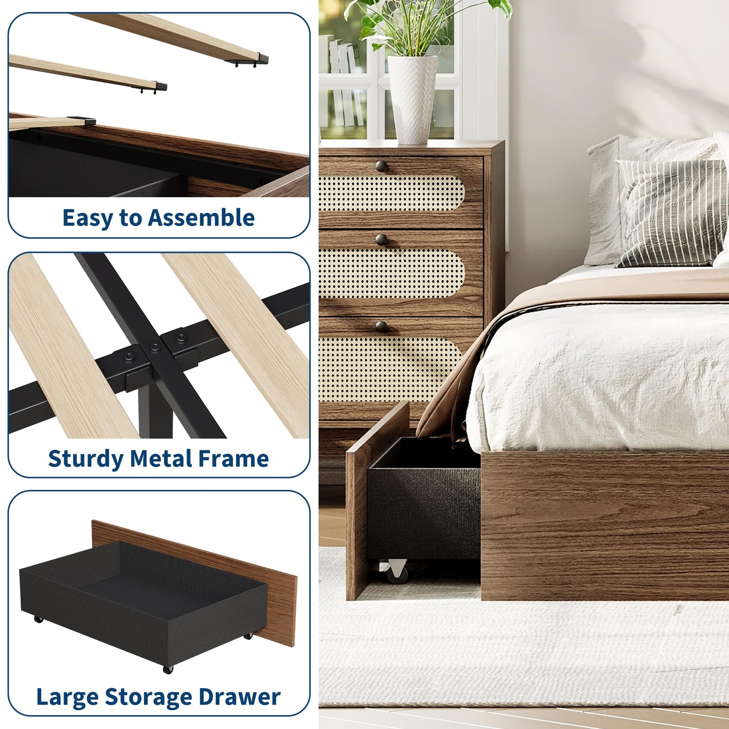IDEALHOUSE Full Bed Frame with 2 Storage Drawers, Wooden Bed Frame Without Headboard, Minimalist Floor Platform Bed, Wood Slat Support, Noise Free, No Box Spring Needed, Easy Assembly