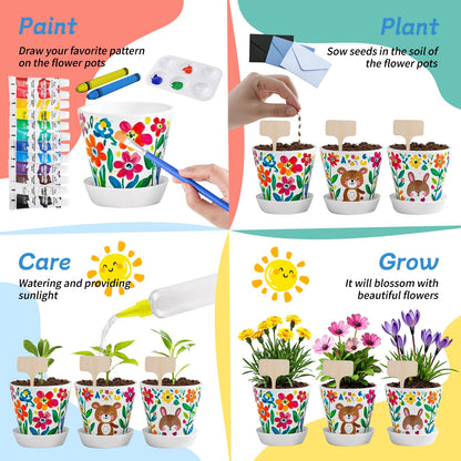 Kids Gardening Set Paint and Plant Flower Gardening Kit with 3 Pots, Kids Garden Flower Growing Kit Arts and Crafts Toys Gifts for Girls Boys Children Toys Gift for Girls Boys Ages 5 6 7 8 9 10 11 12