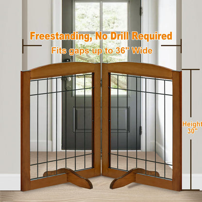 LZRS 2-Panel Freestanding Adjustable Wooden Dog Gate—30” Tall Foldable Pet Barrier with Support Feet, Solid Hardwood & Chew-Resistant Steel Wire for Doorways, Hallways, and Stairs, Oak Cherry