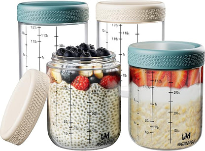 Overnight oats containers with lids, Yogurt jars, Chia seed pudding jars, Glass meal prep containers, 16 oz mason jars with airtight lids (4 Pack, Lavish Blue & Soft Pink)