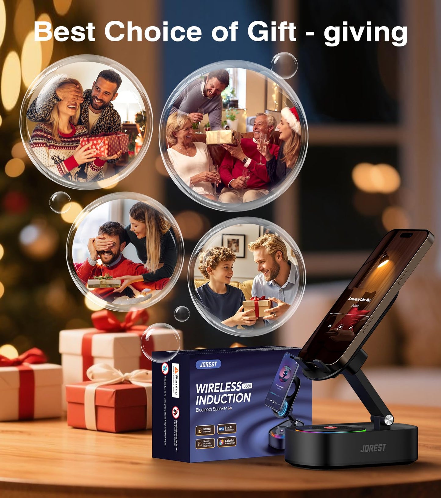 Jorest Wireless Induction Speaker, Cell Phone Stand with Bluetooth Audio, Phone Speaker Amplifier Foldable for iPhone, Android, iPad, Birthday Gifts for Men Women Teenage Boy Dad Father