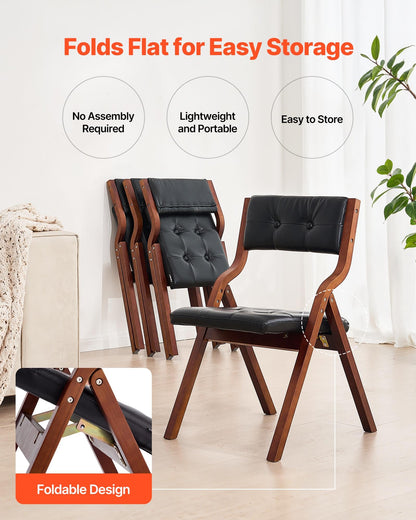 VEVOR Wooden Folding Chairs with Leather Cushion, Set of 2, Portable Foldable Cushion Chair with Wooden Frame, Easy Assembly, Modern Leather Padded Dining Chair for Office, Wedding, Party, Home, Black