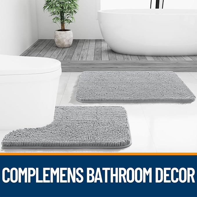 OLANLY Large Bathroom Rugs 45x27, Extra Soft Absorbent Chenille Bath Rugs, Rubber Backing Quick Dry, Machine Washable Bath Mats for Bathroom Floor, Tub and Shower, Home Decor Accessories, Light Grey