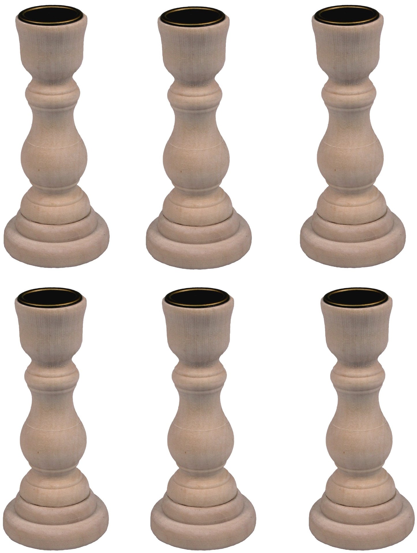 Creative Hobbies 4 Inch Tall Unfinished Wooden Candlesticks with Metal Candle Holder Cup Center - Wholesale Pack of 6