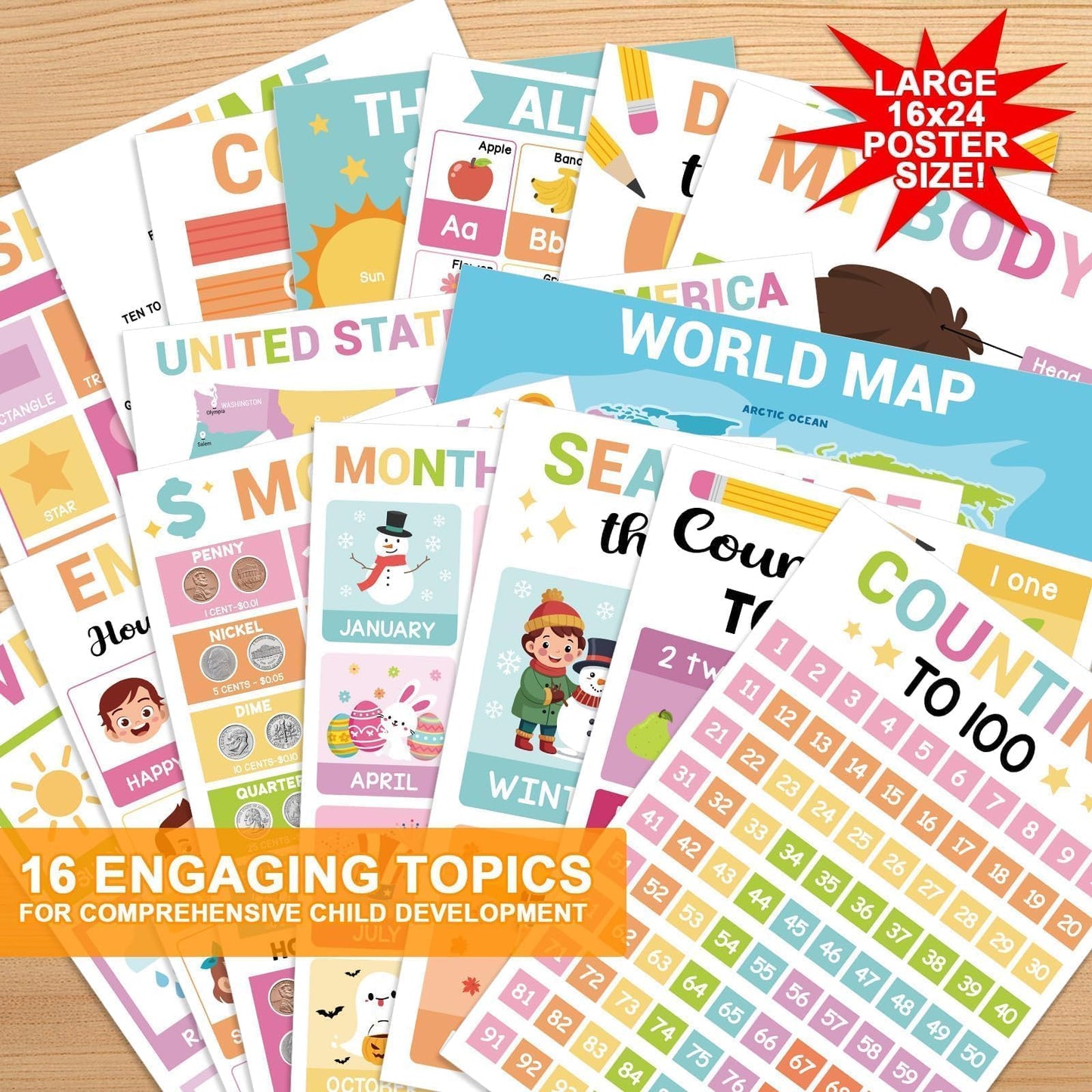 16 Pcs 16”x24” Large Educational Posters for Classroom Decor-Educational Posters for Toddlers 1-3 Learning Poster for Boy Girl Ages 3-5,Kindergarten Preschool Classroom Teacher Must Haves Chart Pastel
