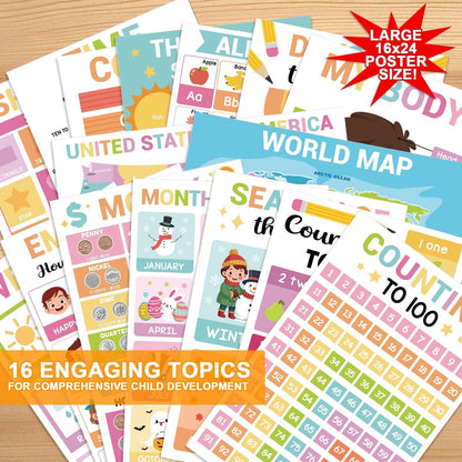 16 Pcs 16”x24” Large Educational Posters for Classroom Decor-Educational Posters for Toddlers 1-3 Learning Poster for Boy Girl Ages 3-5,Kindergarten Preschool Classroom Teacher Must Haves Chart Pastel