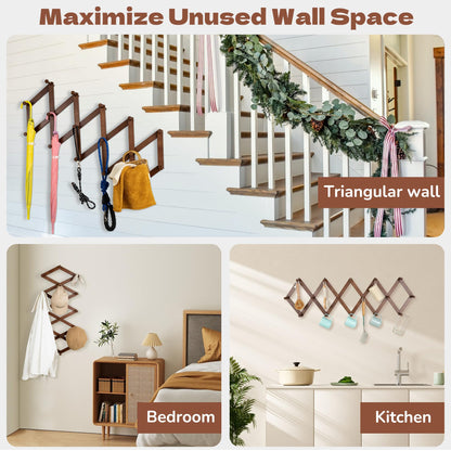 Cozcty Accordion Wall Hanger, Wooden Hat Rack for Wall with 16 Hooks, Expandable Peg Hat Hanger Organizer, Decorative Coat Rack Hanging Baseball Caps, Bags, Scarves (Walnut)