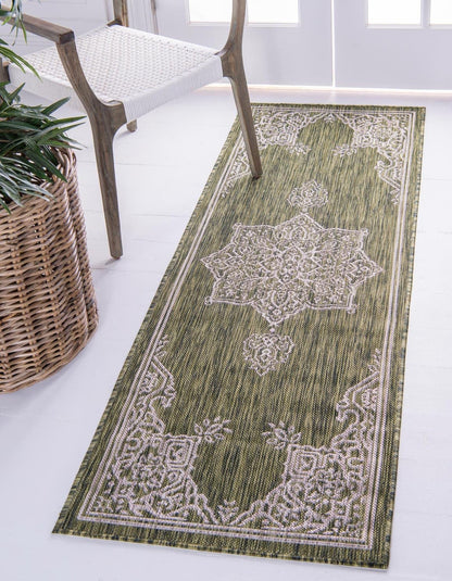 Unique Loom Outdoor Traditional Collection Area Rug - Antique (2' x 8' Runner Green/Ivory)