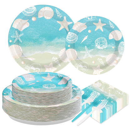 Greencian 200Pcs Seashell Beach Party Decorations Beach Seashell Starfish Plates and Napkins Disposable Ocean Themed Party Tableware Sets for Birthday Baby Shower Wedding Supplies Serves 50