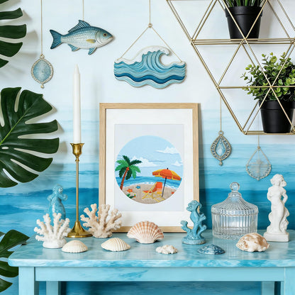ElasignShopo Ocean Embroidery Kit for Beginners Adults, Easy Cross Stitch Kit Spring Summer Beach Ocean Pattern Embroidery Starter Kits with Wooden Hoop Needles Threads Display Stand and Instruction