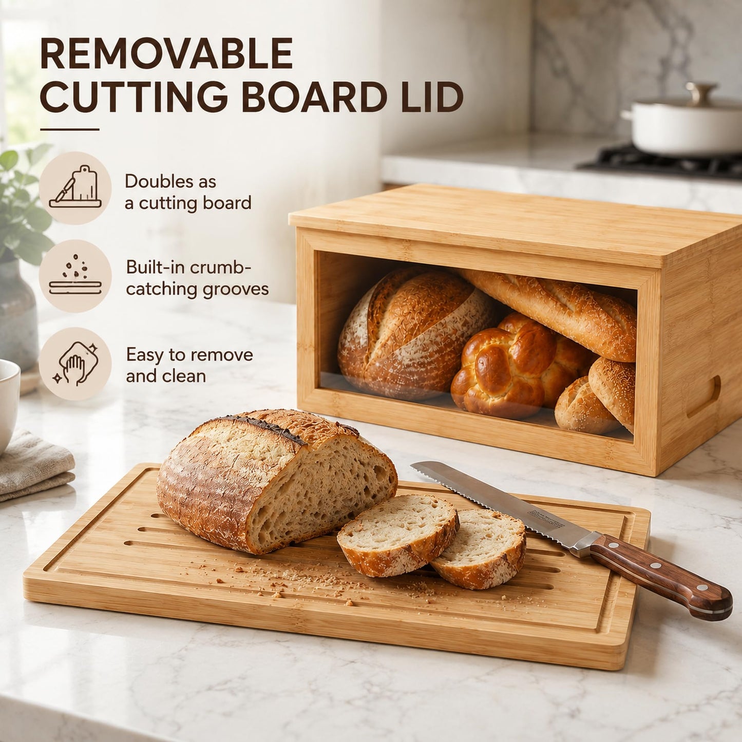 Inspera Bamboo Bread Box with Cutting Board Lid – Large Wooden Kitchen Countertop Storage Bin for Loaves and Pastries – Clear Acrylic Window Display – 15.4 x 9.9 Inch