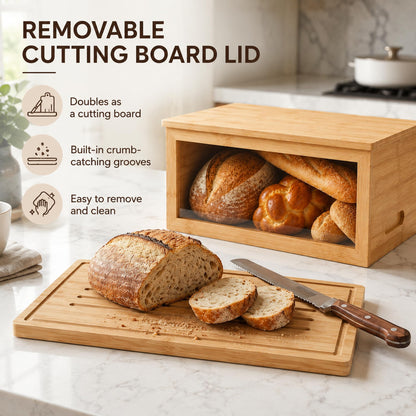 Inspera Bamboo Bread Box with Cutting Board Lid – Large Wooden Kitchen Countertop Storage Bin for Loaves and Pastries – Clear Acrylic Window Display – 15.4 x 9.9 Inch