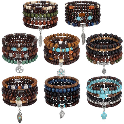 Tondiamo 48 Pcs Punk Wooden Beads Bracelets Gothic Bracelet for Men Adjustable Bulk Vintage Beaded Bracelet Metal Set Wood Bangles Wristbands Commemorative Gift