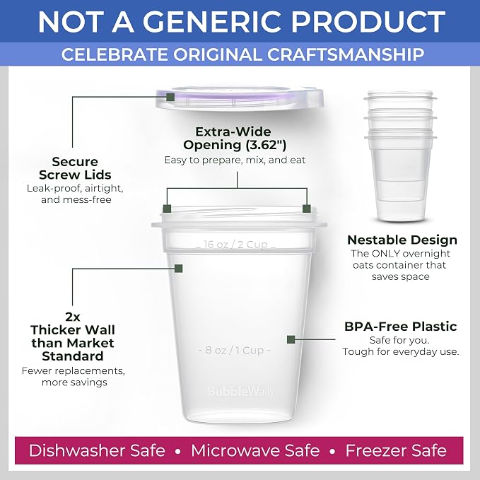 BubbleWally JoyPlus Overnight Oats Containers with Lids Plastic (Purple) - Meal Prep Containers Reusable for Food Storage – 16oz Jars for Breakfast, Snacks, and Lunch