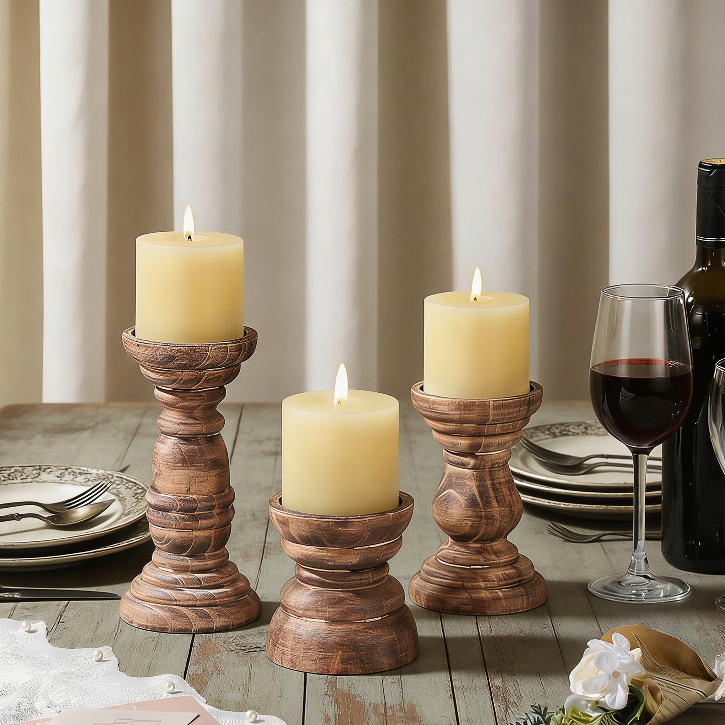 Rustic Wooden Pillar Candle Holders Set of 3 in Vintage Natural, Florence Style, Farmhouse Wooden Candle Holder, Wooden Candle Stand, Small Wooden Candlestick Holders, Living Room, Table Centerpiece