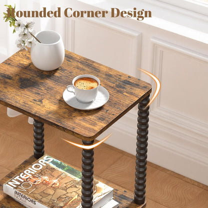 Homedawn Side Table, Small End Table, 2-Tier Nightstand with Storage Shelves, Coffee Table for Small Spaces, Curved Design, Sofa Table for Living Room, Bedroom, Rustic Brown and Black