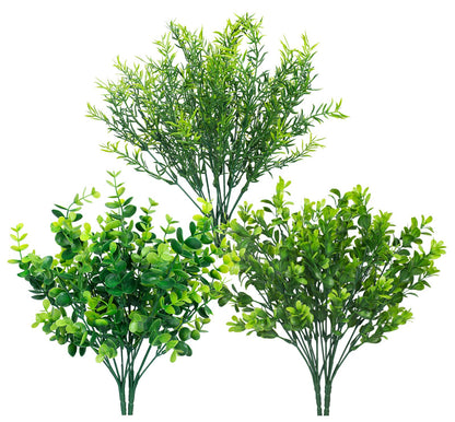 Ouddy Decor 6 Bundles Artificial Greenery Stems Mixed Fake Plastic Plants Eucalyptus Rosemary Faux Magnolia for Outdoor Indoor Garden Home Window Box Decor