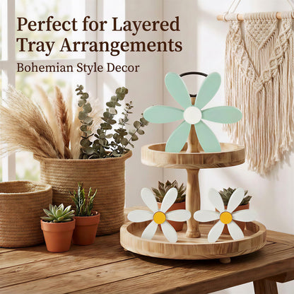 FAJYAZ Spring Decor 3 Piece Wooden Flowers Boho Daisy Decor Handcrafted Shelf Sitters Tabletop Spring Flower Decor for Tiered Tray Home Office Kitchen Living Room Bedroom