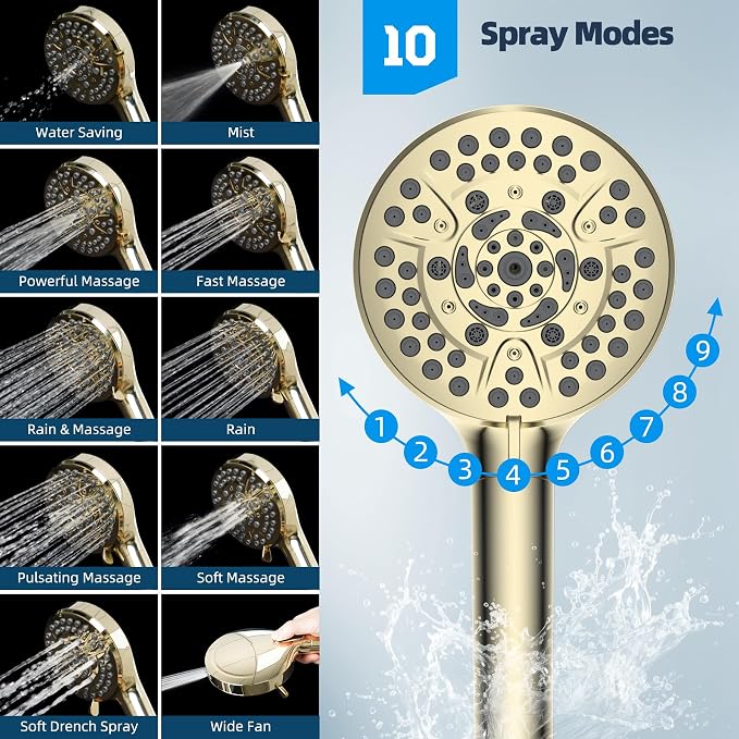 Hibbent All Metal CUPC Certified Shower Head, 10'' High Pressure Rainfall Shower Head, Handheld Showerhead Combo, 12'' Adjustable Extension Arm, 10 Sprays, 71'' Hose, Shower Holder, Polished Brass