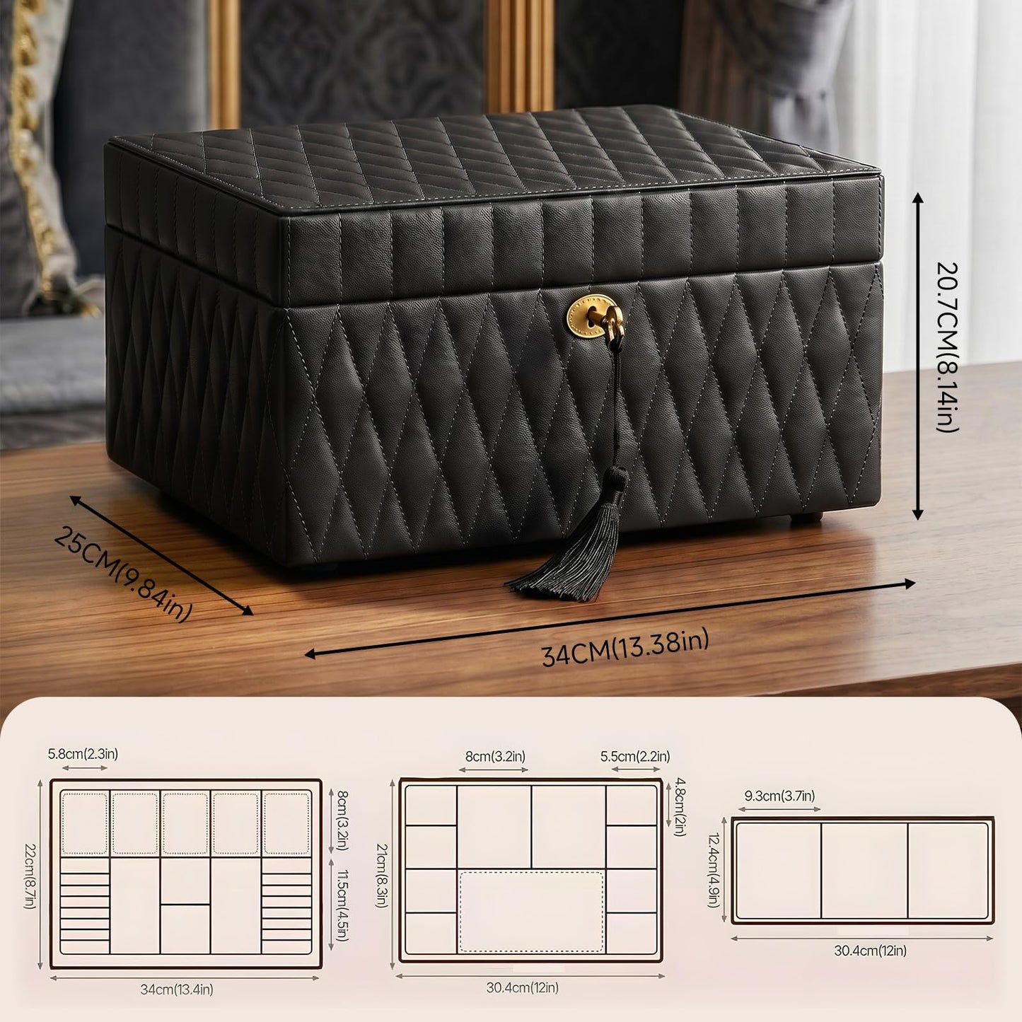 Homruilink Genuine Leather Jewelry Box - 3 Layer Large Jewelry Organizer with Mirror, Lockable Jewelry Box for Women - Necklace, Ring, Earring Organizer with Drawer - Fathers Day Gift (Black)