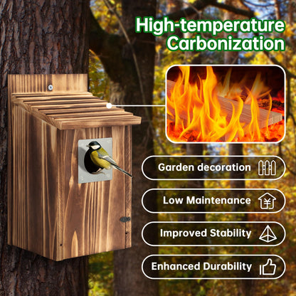2 Pack Bird Houses for Outside with Metal Predator Guard for Bluebird Wren Swallow Finch, Carbonized Wooden Nesting Boxes for Outdoor, Sturdy Bird House,Easy to Clean