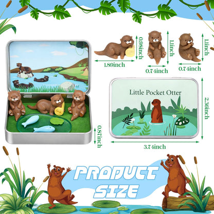 Lewtemi 6 Set Pocket Otter DIY Miniature Landscape Kit 3 Cute Otter Figurines Portable Tin Box Travel Companion Ideal Gift for Animals Lovers Friends Coworkers Nature Fans Desk Decor