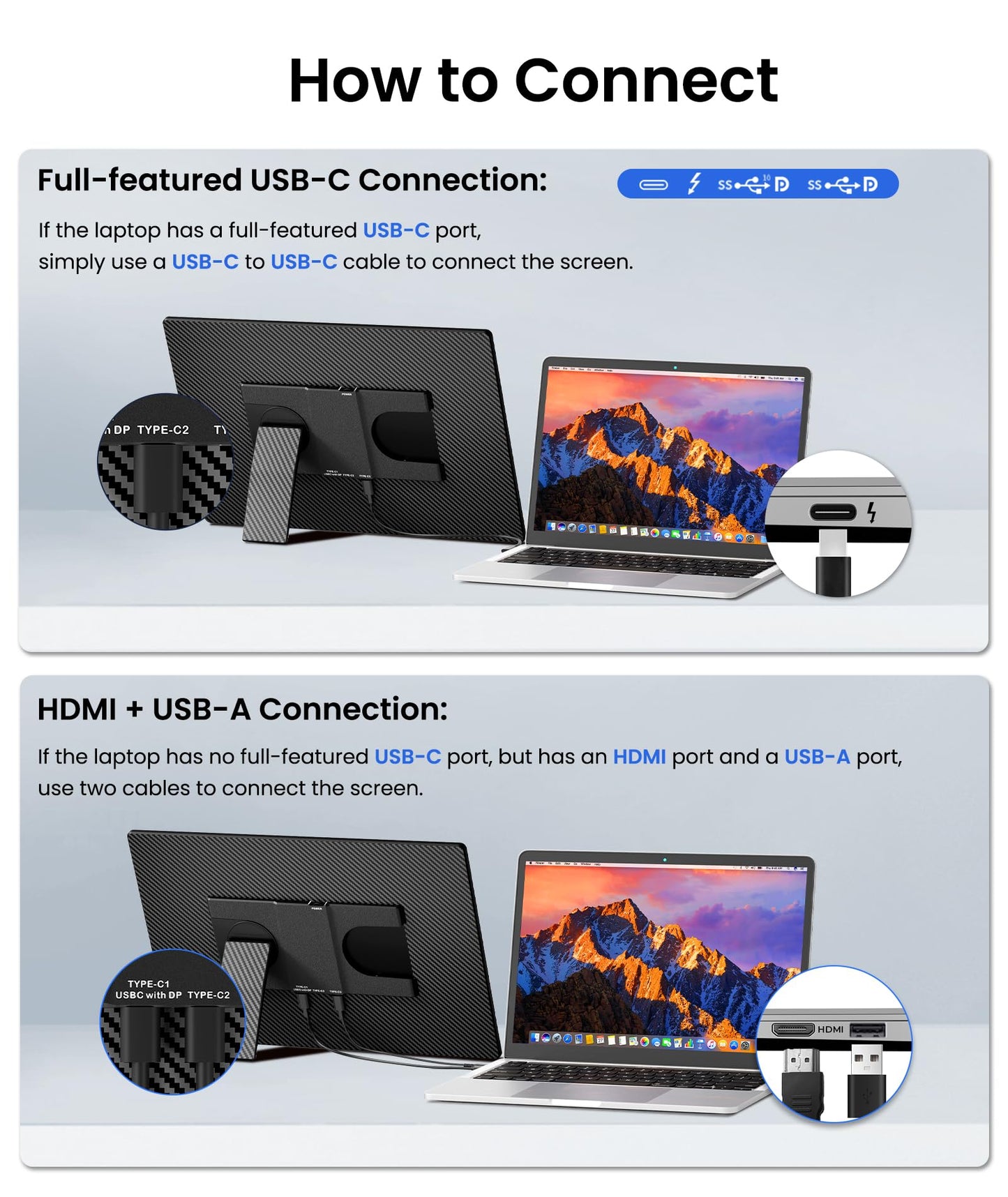 Orfibz Portable Monitor, 16" 1200P FHD Laptop Screen Extender, Detachable Horizontal/Vertical Monitor, Plug & Play Dual Travel Monitor Build-in Speaker for Laptop/Mac/Windows