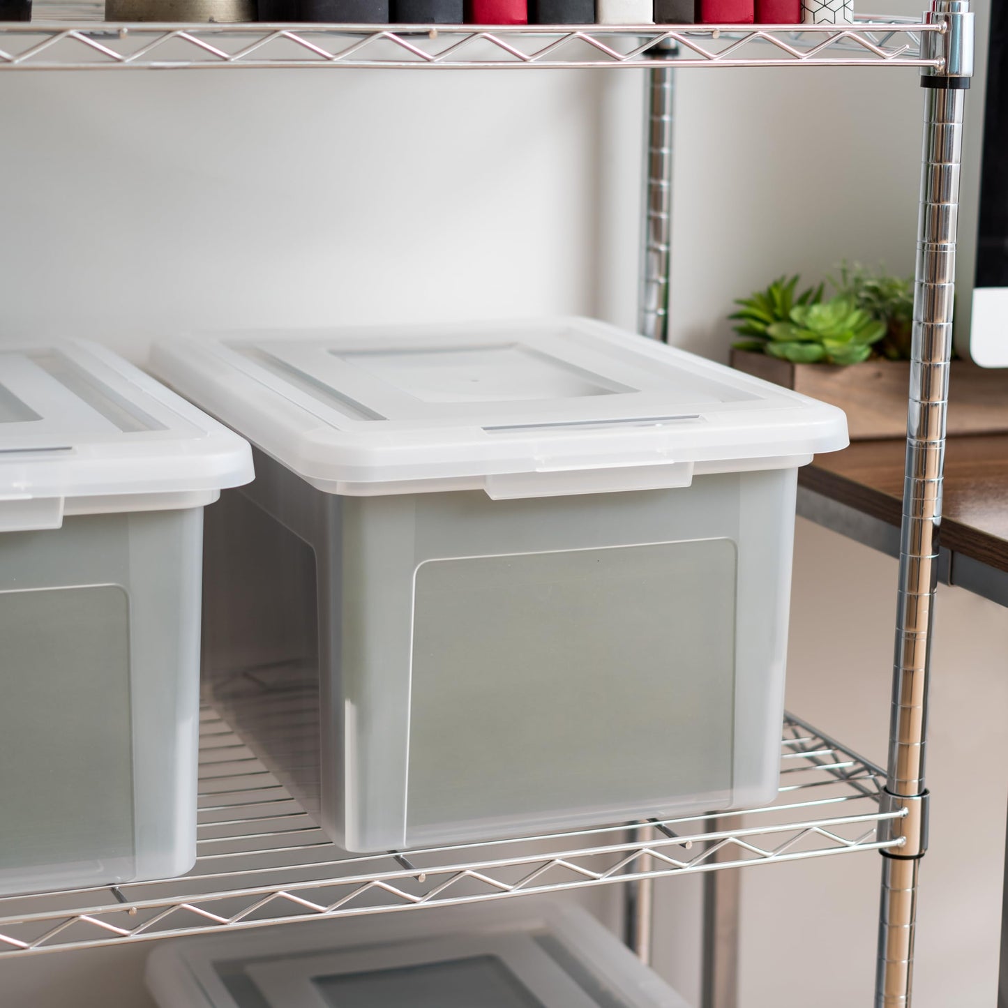 IRIS USA File Box, Plastic File Boxes With Lids, Document Organizer for Letter/Legal File, Document Box, Storage Bin For Hanging Files, Secure Latching Lid Stackable BPA-Free, Clear 35 Qt. 1 Pack