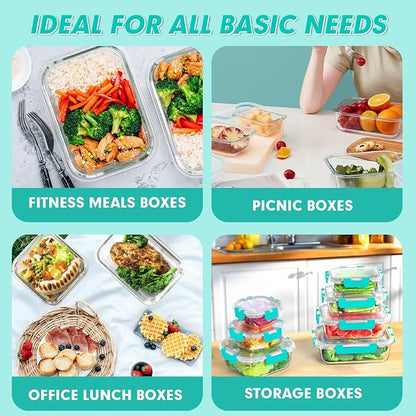 VERONES 30 Pieces Glass Meal Prep Containers Set, Stackable Glass Food Storage Containers with Lids-Airtight Lunch Containers，for Microwave, Oven, Freezer & Dishwasher,Green