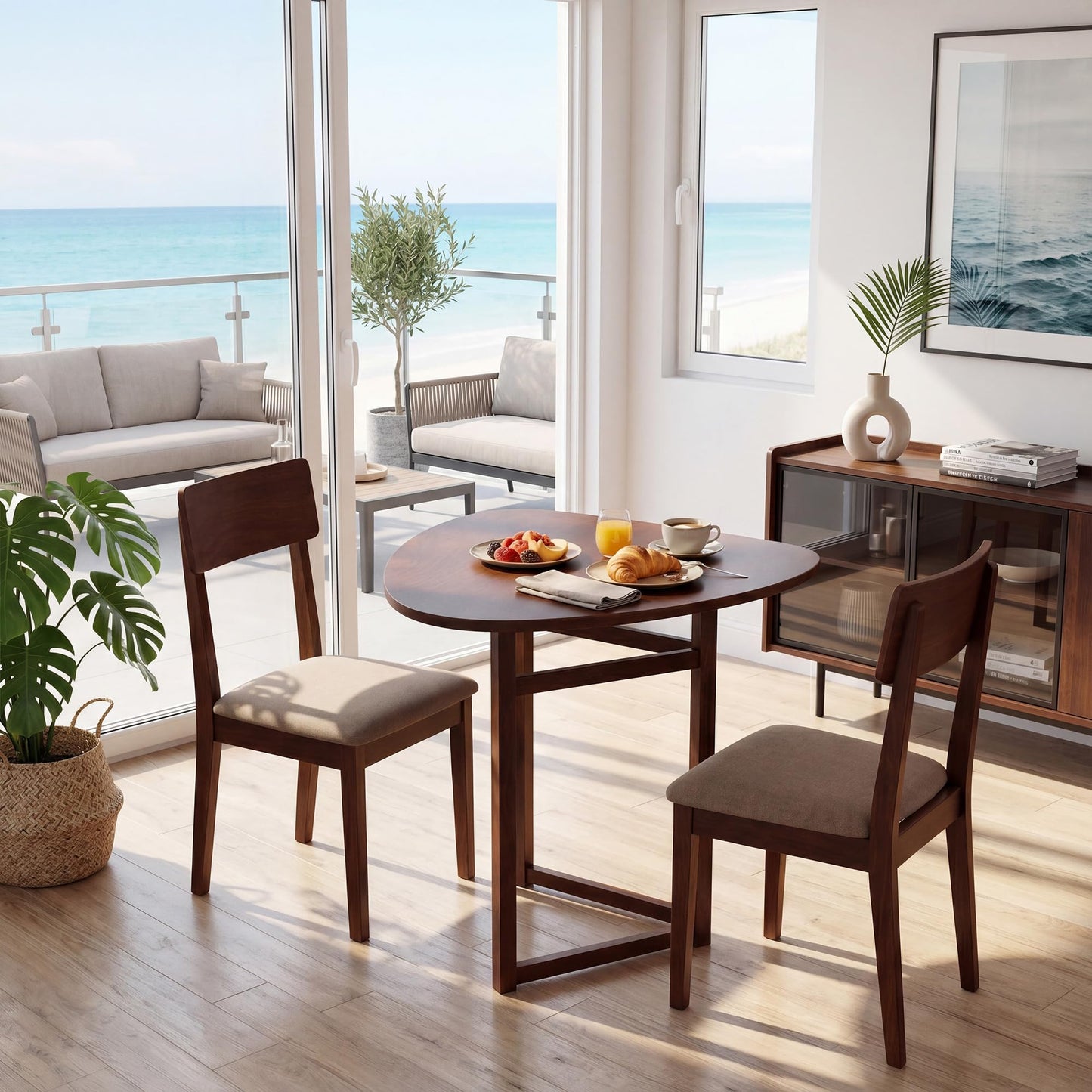 COSTWAY 31.5" Foldable Triangular Dining Table for 2-3, Small Kitchen Table with Walnut Wooden Top, Rubber Wood Legs, Space-Saving Compact Table for Small Apartments & Breakfast Nooks
