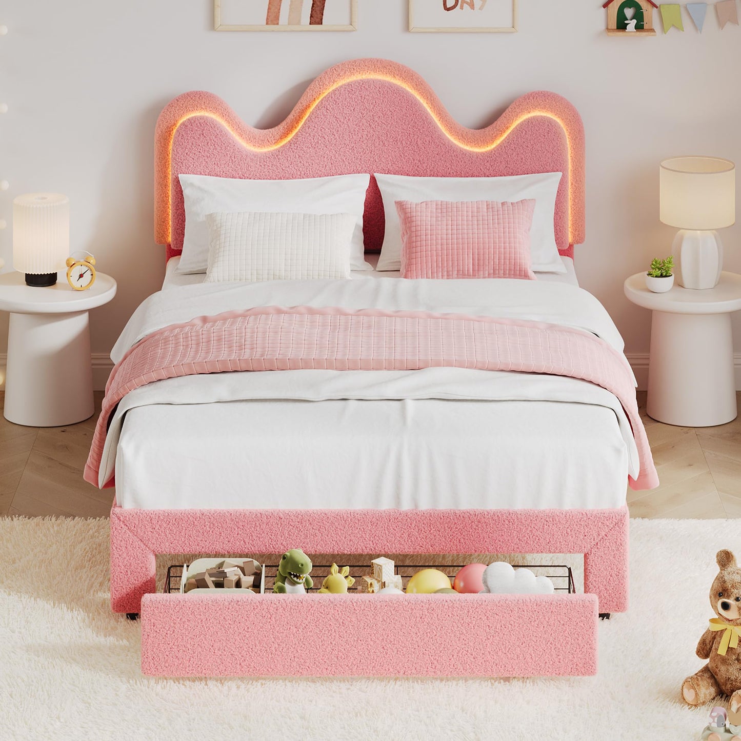 Garvee Full LED Bed Frame with Adjustable Wavy Headboard and Storage Drawer, Upholstered Princess Platform Bed for Kids, Lamb Fleece Fabric, Wooden Slats Support, No Box Spring Needed, Pink