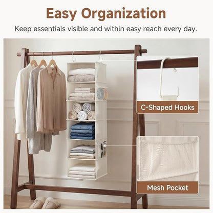 StorageWorks 6-Shelf Hanging Closet Organizer, Hanging Shelves for Closet, Fabric, Mixing of Beige, White & Ivory, 12" D x 12" W x 47 1⁄2" H