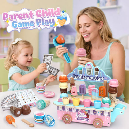 Atoylink Wooden Ice Cream Toys for Kids Pretend Play Food Toys with Scoop & Menu & Fake Money, Ice Cream Cart Play Store Toys for Toddlers Girls 3 4 5 6 Year Old Gift