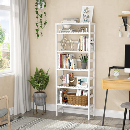 Homykic 6-Tier Bamboo Bookshelves and Bookcases, Adjustable 63.4”Tall Shallow Book Shelf Organizer Rack, Freestanding Storage Shelving Unit for Living Room, Kitchen, Bathroom, Office, White
