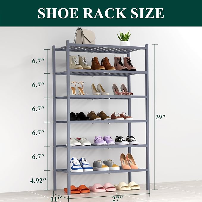 Smiry Bamboo Shoe Rack, 6 Tier Free Standing Wooden Shoe Organizer, Stackable Wood Shoe Storage Shelf for Closet, Entryway, 14 Vertical Slats, 2+2+2 Stack Heavy-Duty Legs, 26.8"x11"x39", Grey