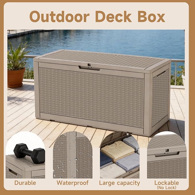 Vixzen 121 Gallon Waterproof Large Deck Box, Lockable Resin Outdoor Storage Box with Hydraulic Lid, Durable Storage Bin for Patio Furniture Cushions, Garden Tools, Pool Accessories, Grey