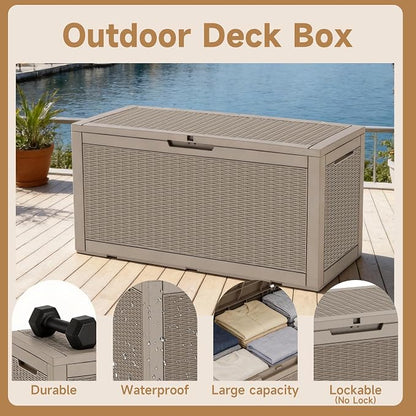Vixzen 121 Gallon Waterproof Large Deck Box, Lockable Resin Outdoor Storage Box with Hydraulic Lid, Durable Storage Bin for Patio Furniture Cushions, Garden Tools, Pool Accessories, Grey