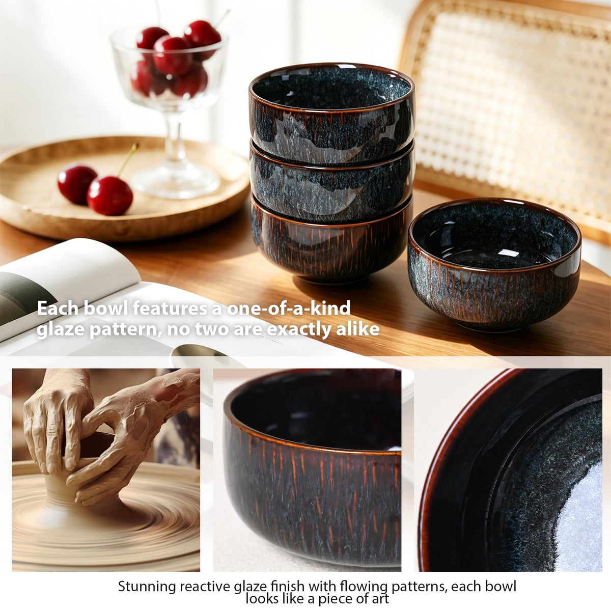CLAYORA Stoneware Bowls Set of 4, Ceramic Bowl Set, Aesthetic Soup & Cereal Bowls for Salad Bowl, Ice Cream Bowl, Fruit Bowl, Unique Handmade Glaze Finish, Modern Kitchen Dining Decor
