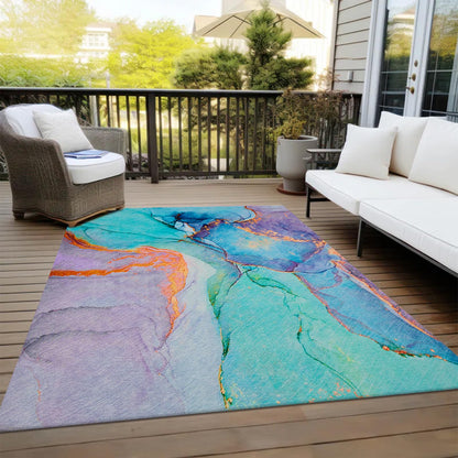 Abstract Washable Indoor Outdoor Rug, 5' x 7.6', Stain Resistant, Easy Clean, Teal Rug for Indoor/Outdoor Patio, Deck, Porch, Garden, Courtyard