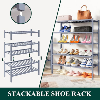 Smiry Bamboo Shoe Rack, 6 Tier Free Standing Wooden Shoe Organizer, Stackable Wood Shoe Storage Shelf for Closet, Entryway, 14 Vertical Slats, 2+2+2 Stack Heavy-Duty Legs, 26.8"x11"x39", Grey