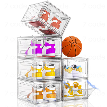 Thickened Clear Shoe Storage Organizer with Magnetic Door, Sturdy Stackable Shoe Boxes for Closet, Collapsible Space-Saving Shoe Rack for Sneakers & Boots, Plastic Shoe Cabinet Box Set, 6 Pack, White