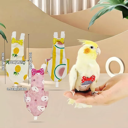 2Pcs Bird Diapers Bird Harness Flight Suits Diapers with 80 Inch Flying Leash Parrot Nappy Washable Cute Urine Wet Suit for Cockatiel Conure Macaw Budgies Parakeet-Pineapple&Kitten,S