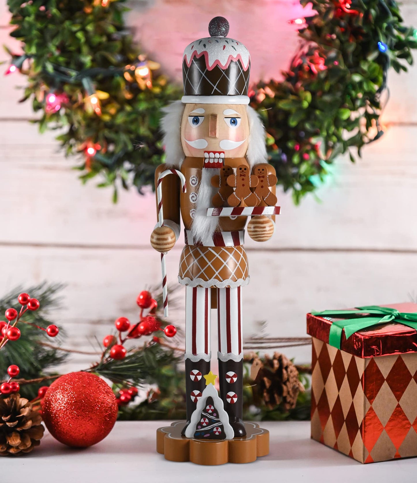 Ornativity Christmas Candyland Gingerbread Nutcracker – Wooden Nutcracker Candy Man with Candy Cane and Gingerbread Cookies in Hand Xmas Themed Holiday Nut Cracker Doll Figure Decorations