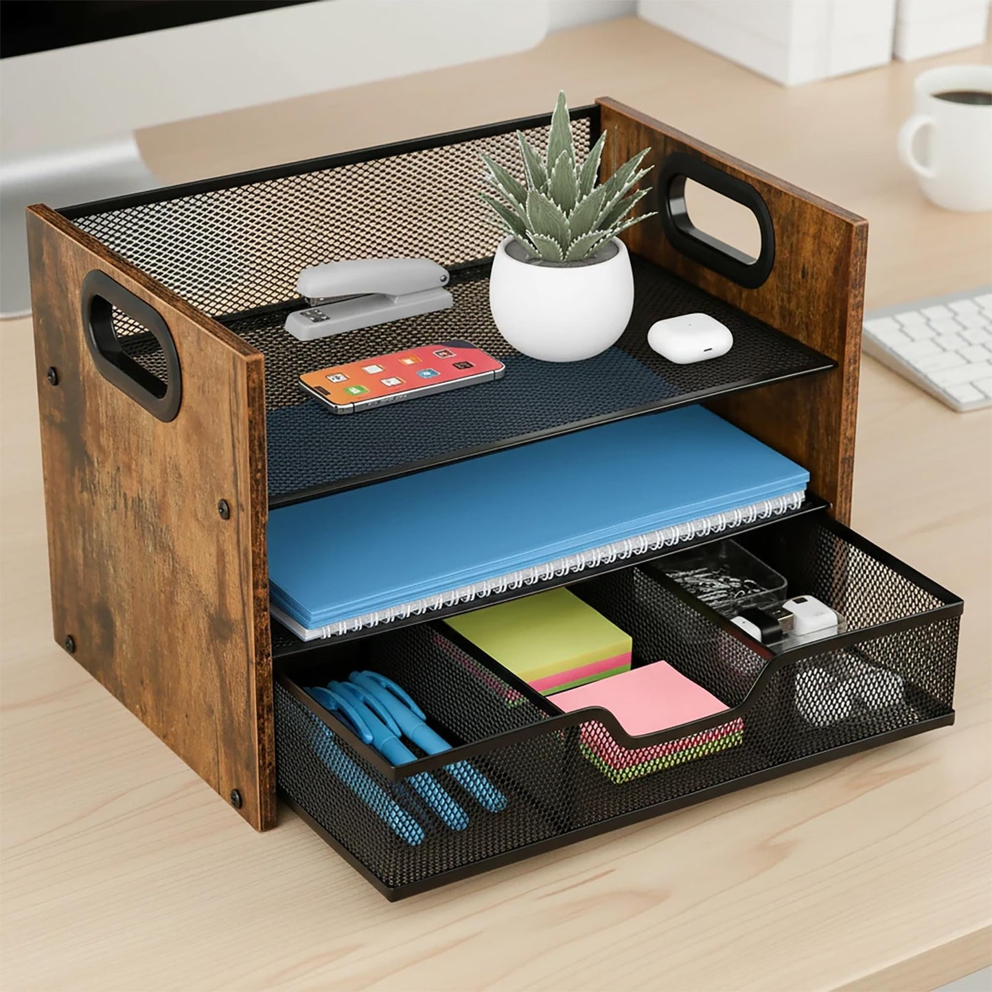Boershun Wood Desk Organizer - 3-Tier Desktop File Organizer with Drawer, Wooden Paper Tray, Office Desk Organzier and Accessories for Papers, Mail, Notebooks, Stationery