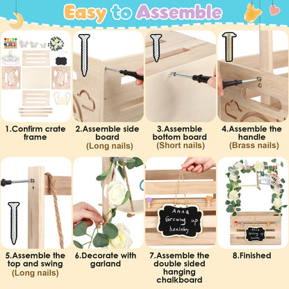 ELESTONE Wooden Baby Shower Crate Closet with Handle, Hangers & Garland, Large Capacity Baby Basket for Baby Shower, Customizable Wooden Crate Box Newborn Parents Welcome Gift (Natural Wood)