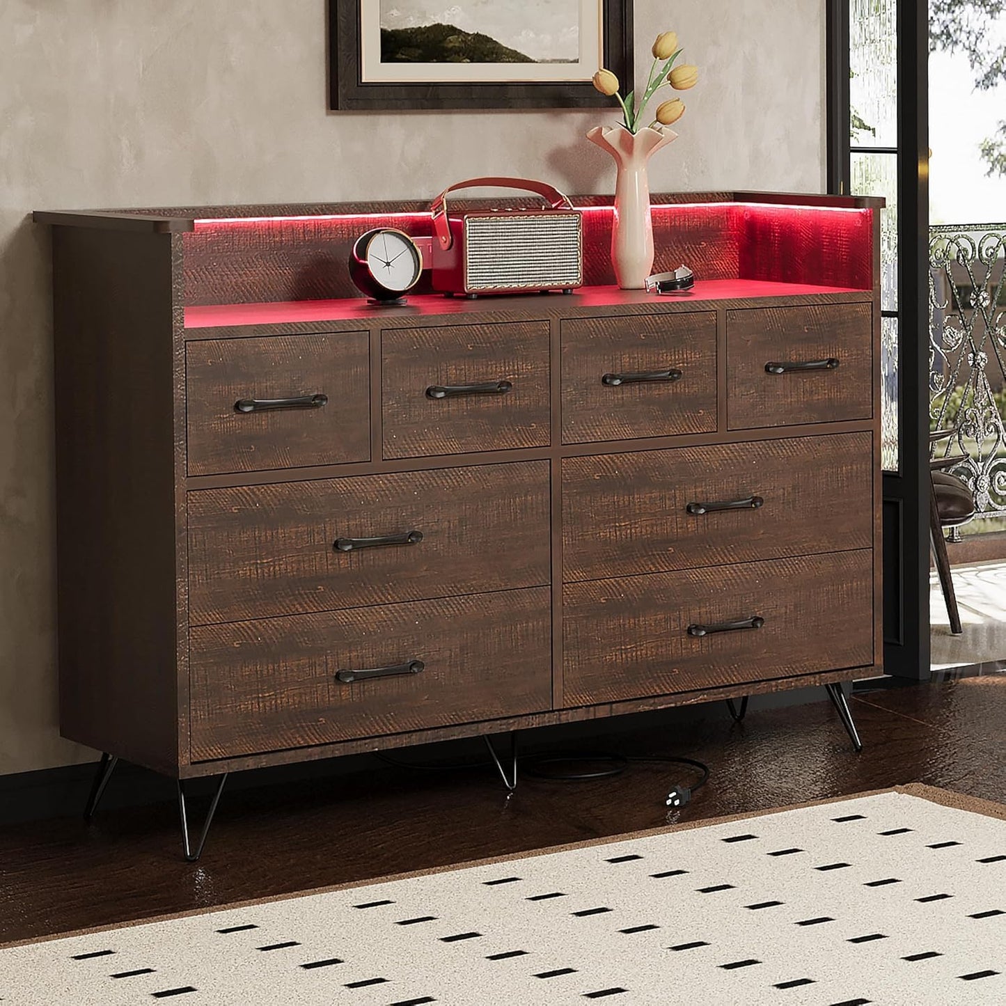 Hetoy Wooden Dressers for Bedroom with 8 Storge Drawers & LED Lights and Charging Station, Brown Wood Chest of Drawers, Modern Deep Drawers Organizer for Closet, Living Room Hallway, Entryway