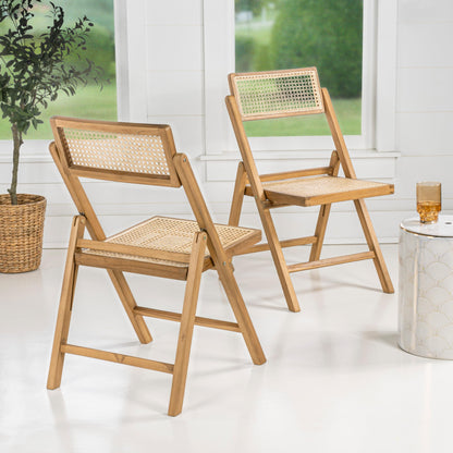 JONATHAN Y Theo Teak Wood and Rattan Folding Chairs Set of 2 for Dining and Living Room, Mid-Century Woven Cane Armless Portable Indoor Accent Seats, Natural Light Brown FLD1000A-SET2