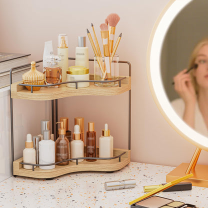 2-Tier Corner Bathroom Counter Organizer with Embedded Screw Holes, Secure & Stable Wood Vanity Shelf for Makeup and Skincare Essentials - Space Saving Bathroom Countertop Storage, ‎‎Light Walnut