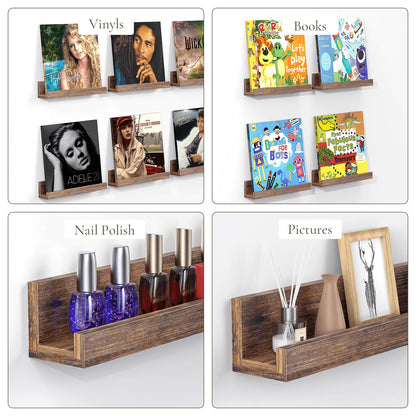 BCOZLUX Vinyl Record Shelf Wall Mount, 12 inch Wooden Album Record Holder Display, Pack of 6 Floating Shelves for Wall, Magazine Rack, Kids Bookshelf for Bedroom, Living Room, Rustic Brown